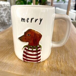 Rae Dunn Christmas Dachshund Wiener Dog Merry Elf Ceramic Coffee Mug NeW